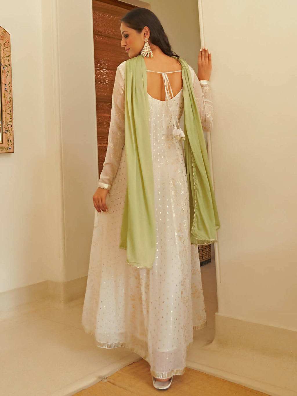 Janasya Women's White Chiffon Lurex Foil Printed Festive Anarkali Kurta Set | Grocsy