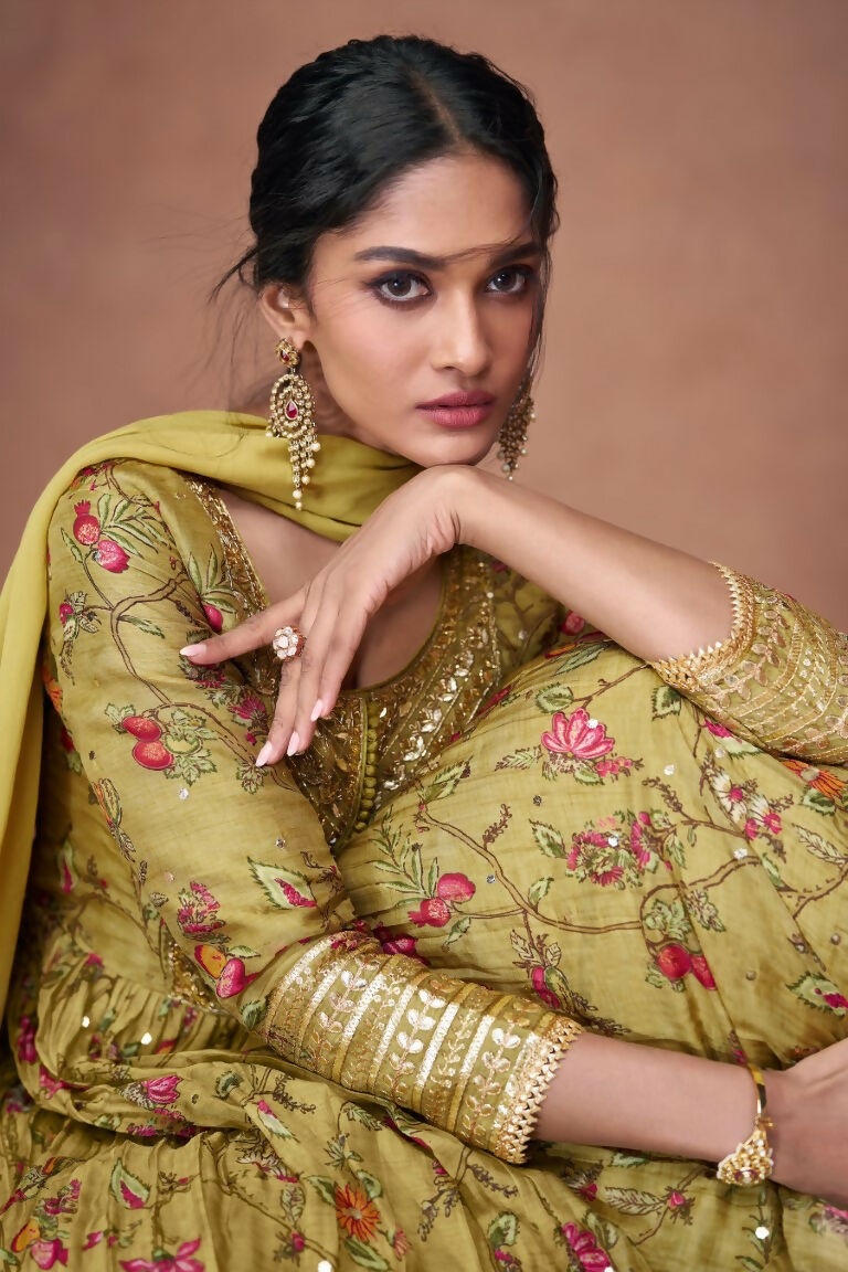 Vastranavya Green Floral Printed Anarkali Suit Set with Foil Mirror Work | Grocsy