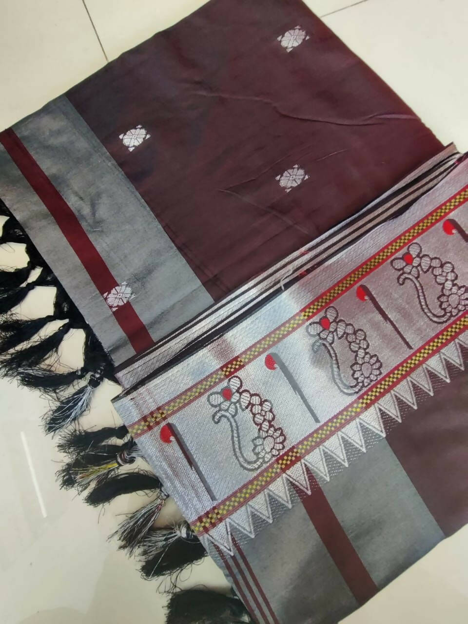 DEIANA'S Beautiful Designer Golden zari Soft Lichi Silk Saree - Wine | Grocsy