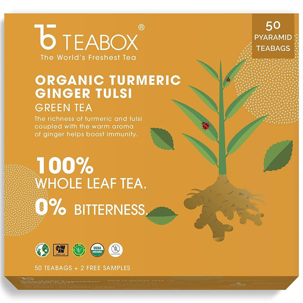 Teabox Organic Turmeric Ginger Tulsi Green Tea Bags | Grocsy