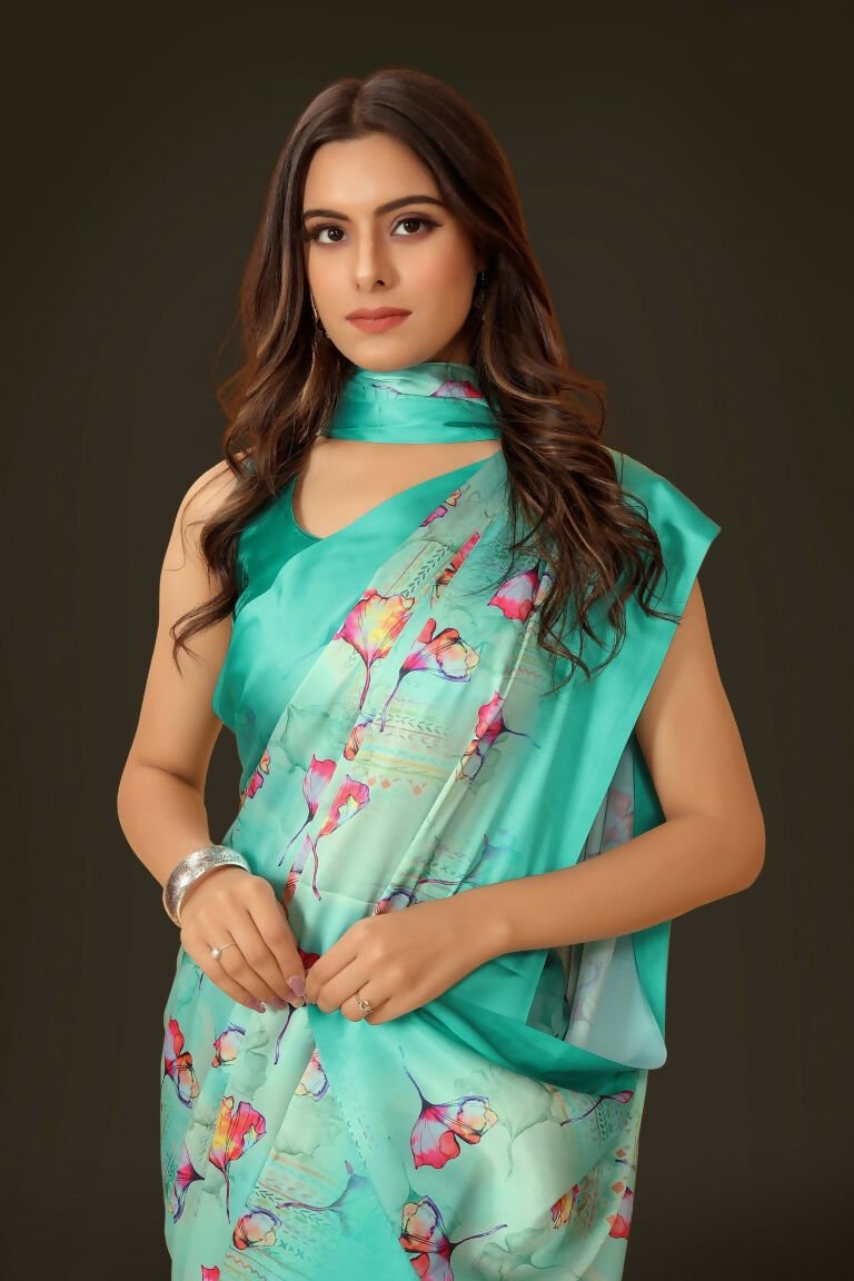 Aayaa Designer Printed Satin Saree - Multi Color | Grocsy