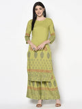 Aniyah Rayon Parrot Green Color Block Print Straight Kurta Palazzo Set (AN-197K) | Grocsy