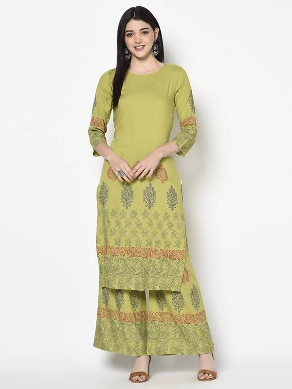 Aniyah Rayon Parrot Green Color Block Print Straight Kurta Palazzo Set (AN-197K) | Grocsy