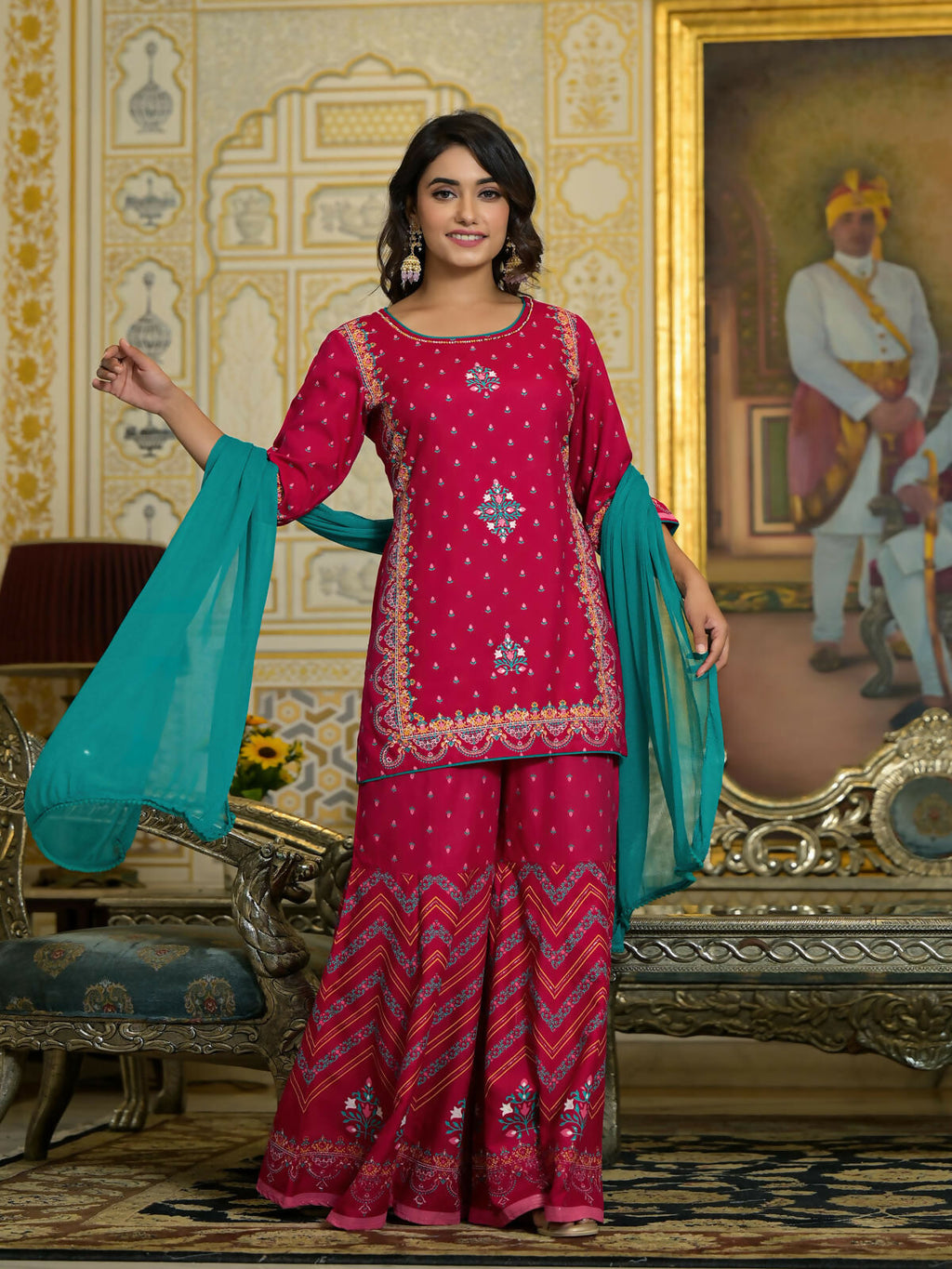 Juniper Women's Fuchsia Ethnic Motif Printed Liva Rayon Tunic Sharara and Dupatta Set With Sequins & Gota Patti Work | Grocsy