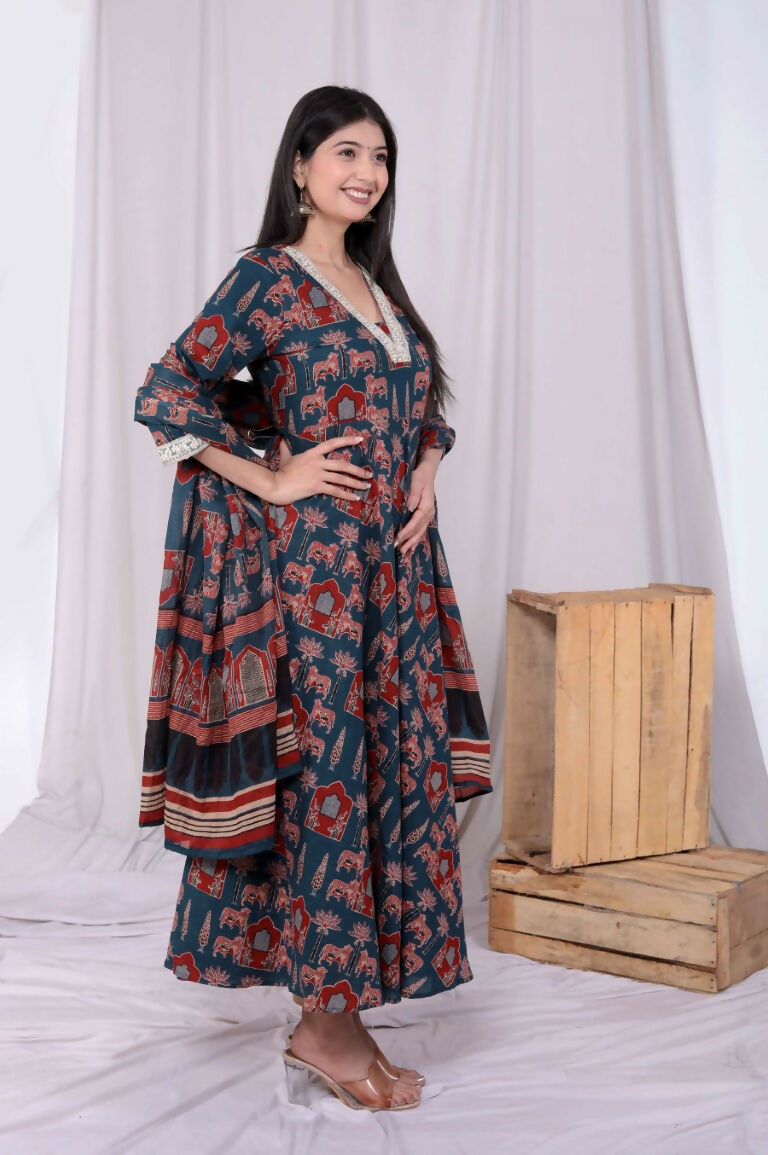 Miravan Women's Pure Cotton Blue Zari Lace Anarkali Kurta with Printed Dupatta Set | Grocsy