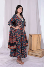 Miravan Women's Pure Cotton Blue Zari Lace Anarkali Kurta with Printed Dupatta Set | Grocsy