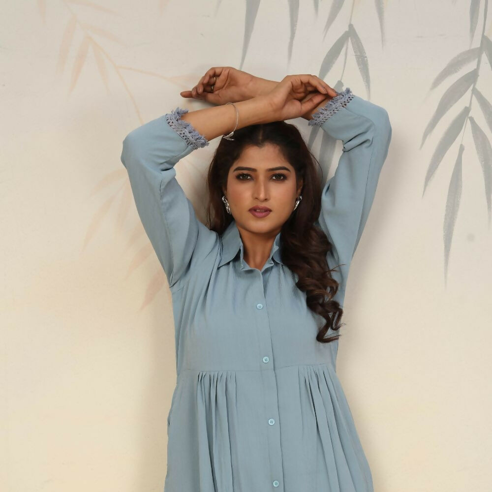 Jyoti Fashion Women's Sky Blue Rinkal Cotton Plain with Side Pocket Kurtis & Sets | Grocsy