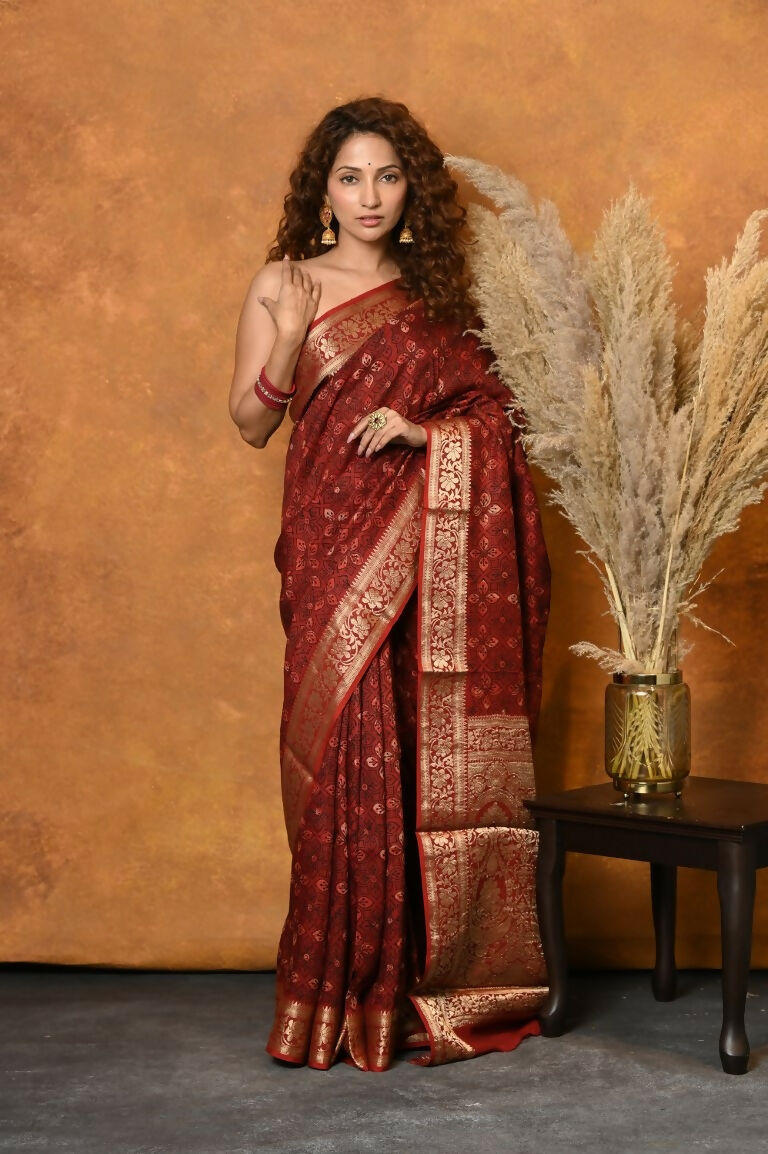 Very Much Indian Modal Silk Ajrakh Handblock Printed Natural Dyes With Designer Border Saree - Red | Grocsy