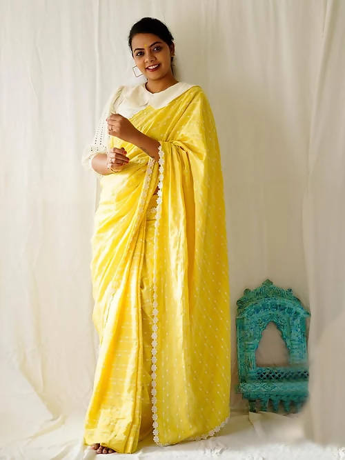 Diva Globe Customised Yellow Linen Saree With Flowers | Grocsy