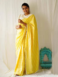 Diva Globe Customised Yellow Linen Saree With Flowers | Grocsy