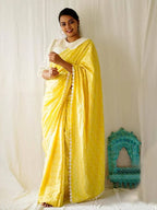 Diva Globe Customised Yellow Linen Saree With Flowers | Grocsy
