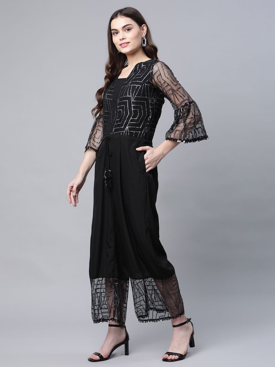 Ahalyaa Womens Crepe & Net Black Printed Jumpsuit | Grocsy