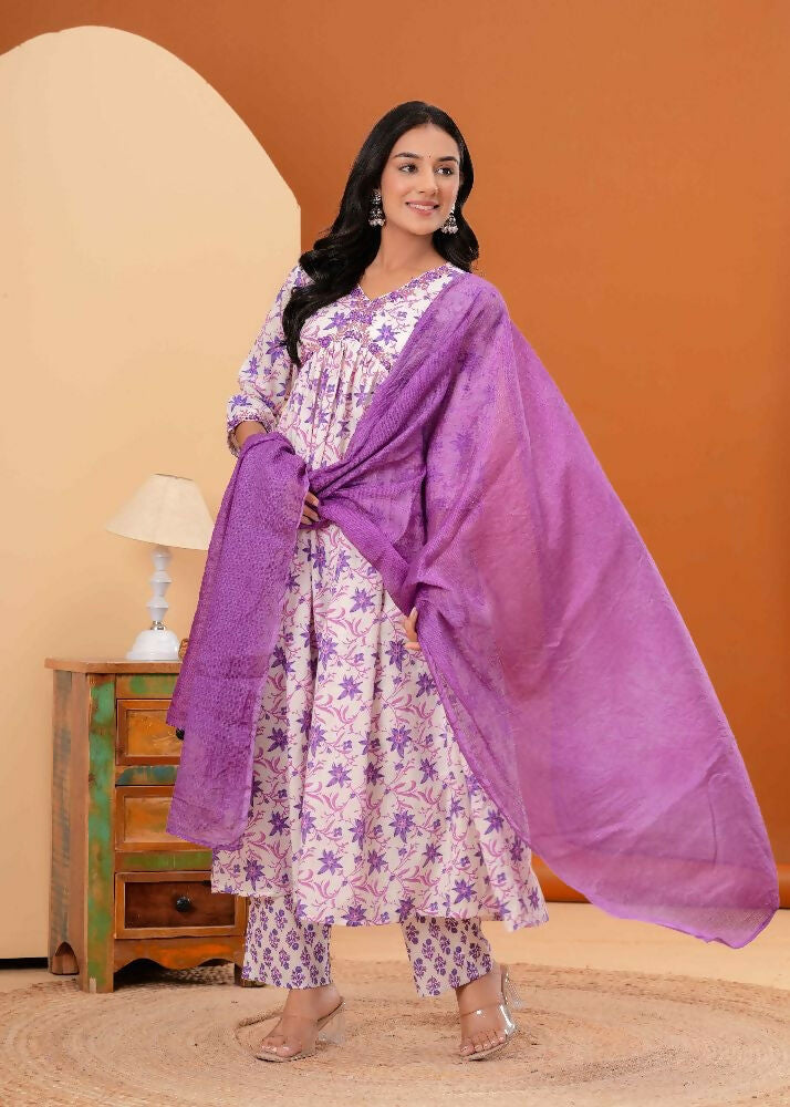 Jaimini Women Cotton Printed V-Neck 3/4 Sleeves Calf Length Alia Cut Kurta Pant And Dupatta Set | Grocsy