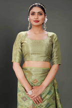 Green Soft Organza Woven Design Saree With Unstitched Blouse Piece - Zaara | Grocsy