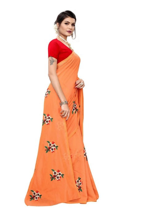 Vamika Chanderi Cotton Embroidery Orange Saree (Mogra Orange) | Grocsy