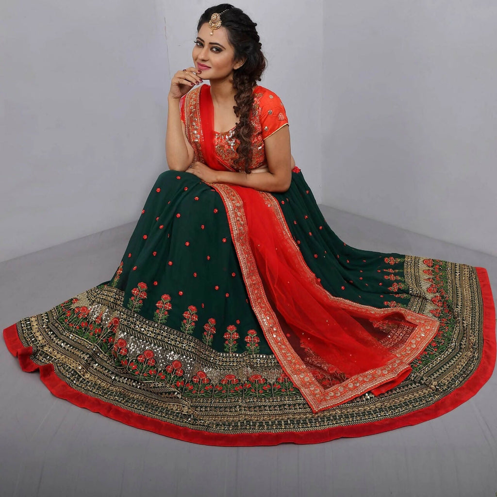 Jyoti Fashion Red & Bottle Green Thread & 3mm Sequence Embroidery Georgette Lehenga Choli with Dupatta | Grocsy