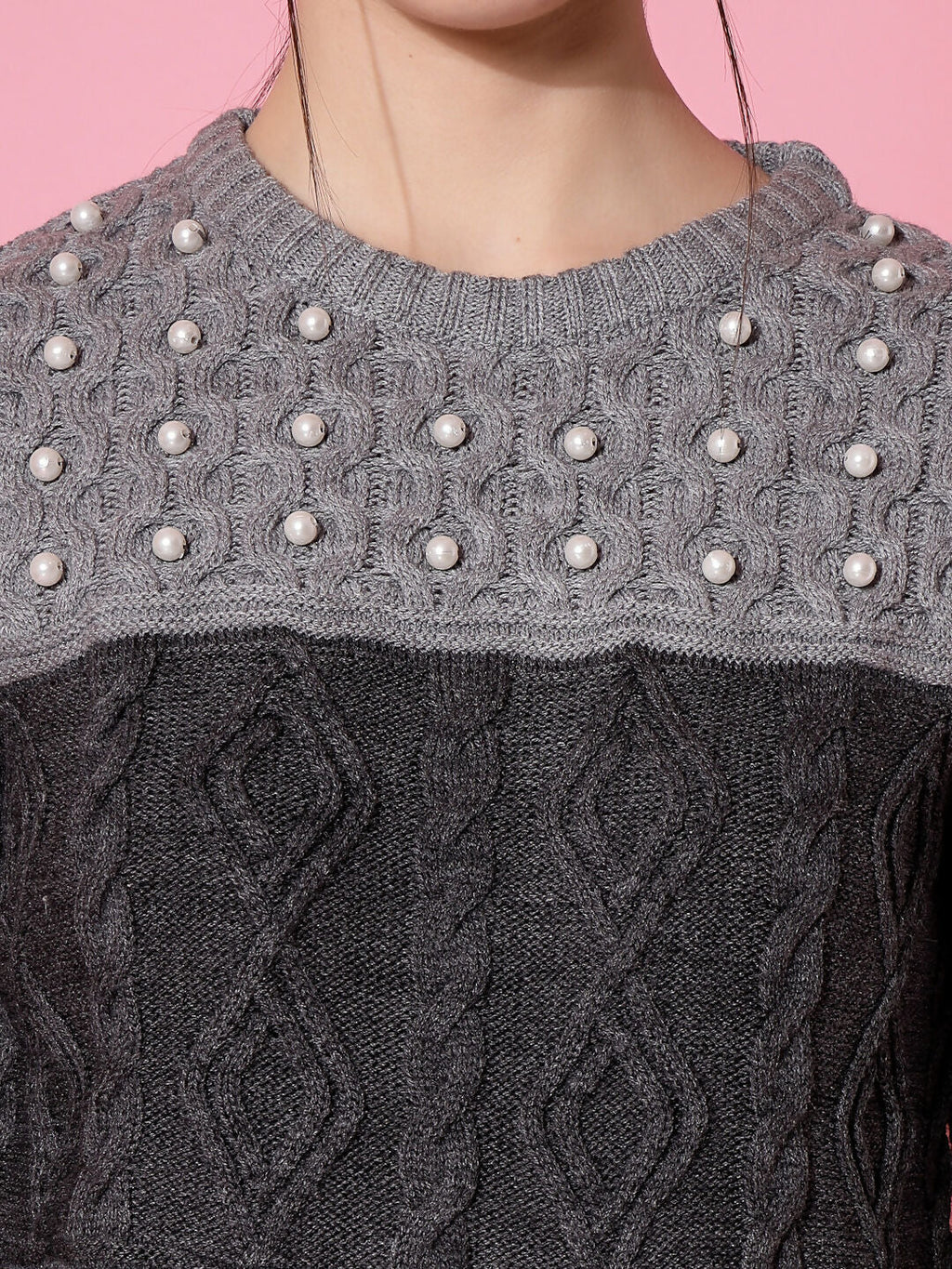 Women Color Block Winter Charcoal Acrylic Sweater - Wool Trees | Grocsy