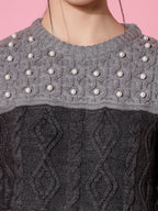 Women Color Block Winter Charcoal Acrylic Sweater - Wool Trees | Grocsy