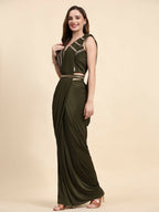 Green Polyester Solid Ready to Wear Saree with stitched Blouse - Nita | Grocsy