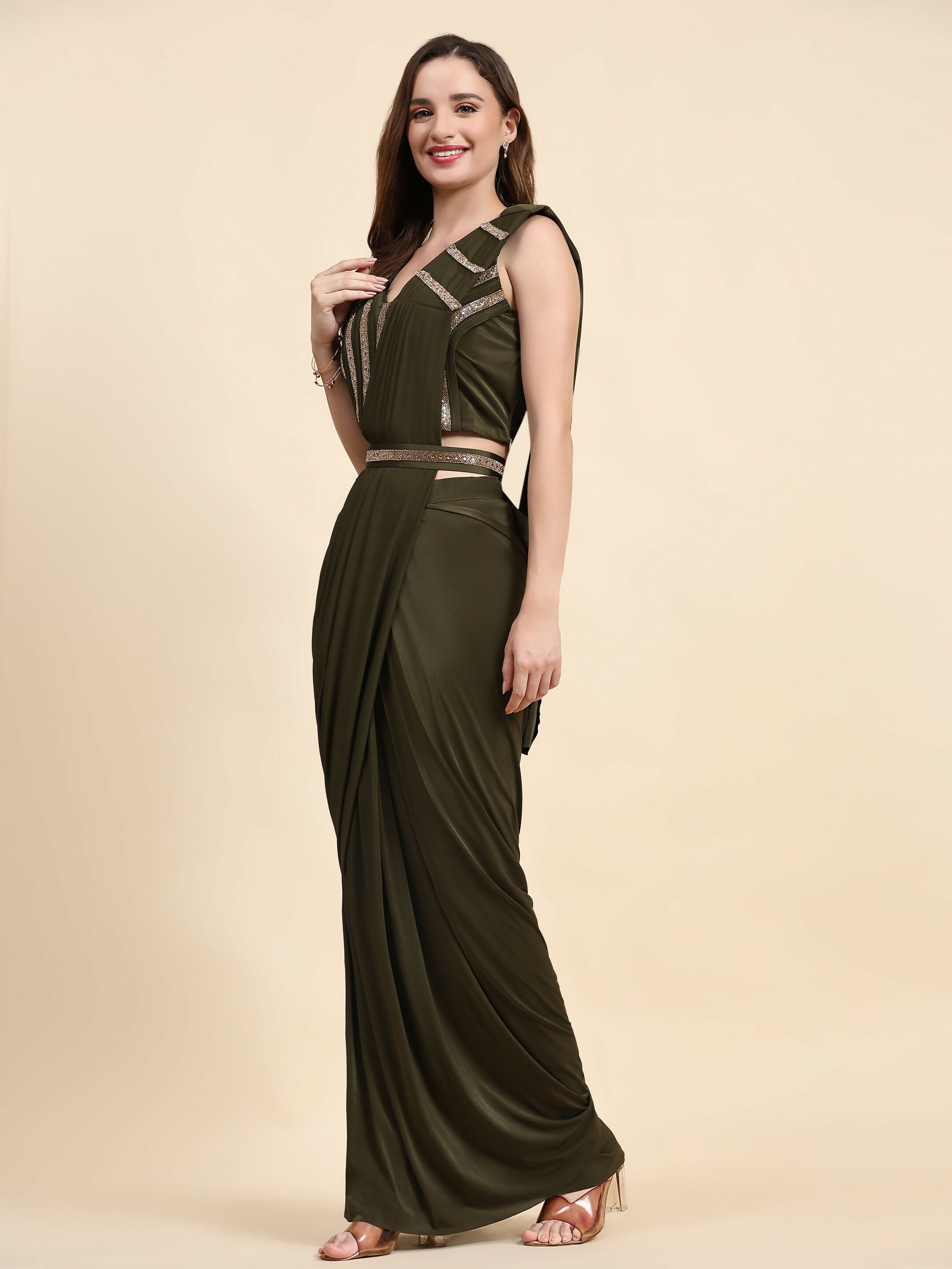 Green Polyester Solid Ready to Wear Saree with stitched Blouse - Nita | Grocsy
