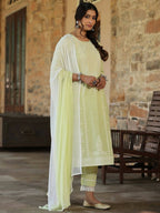Juniper Women's Lime Green Cambric Floral Print Kurta Straight Pant And Duptta Sets | Grocsy