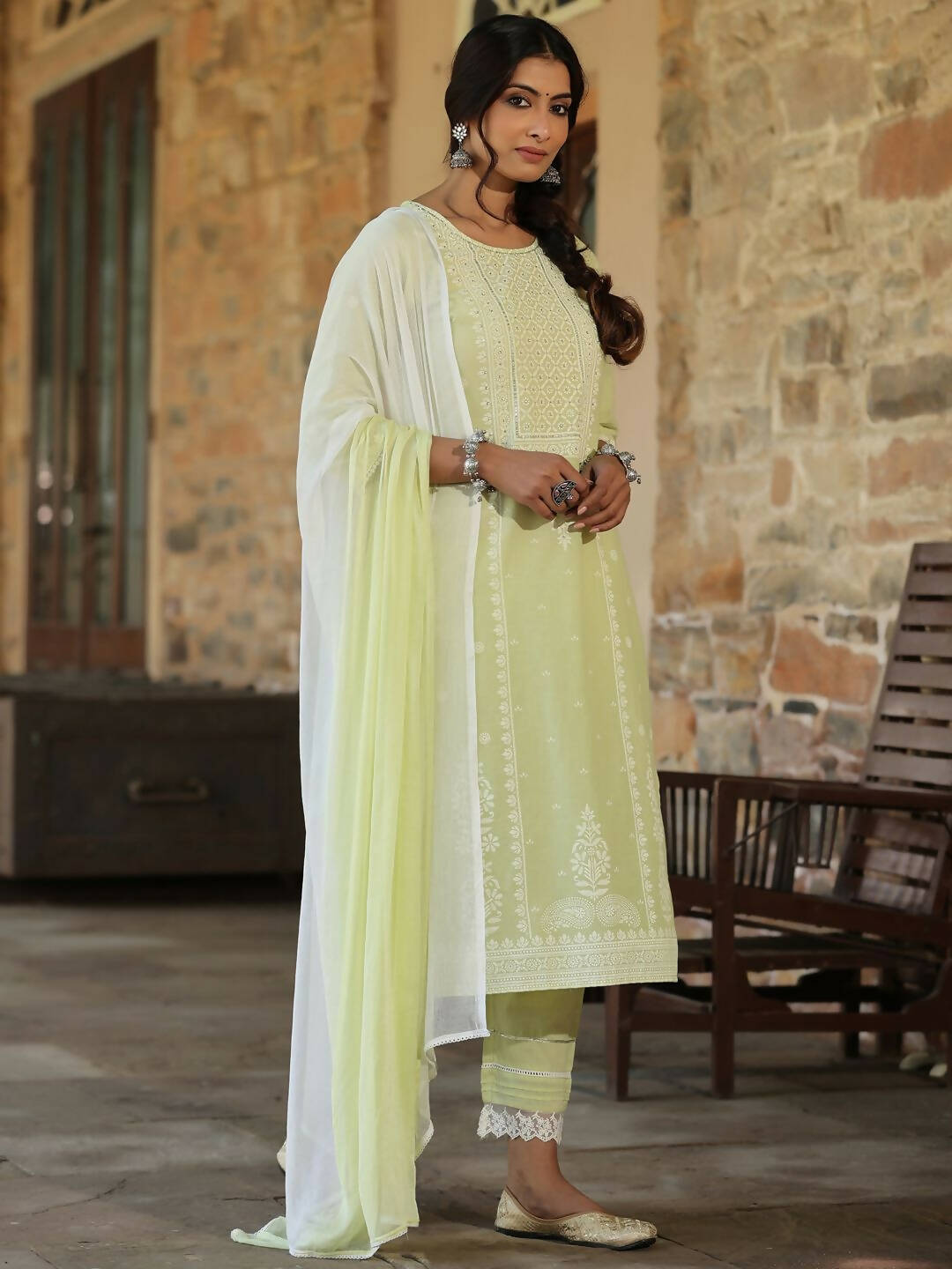Juniper Women's Lime Green Cambric Floral Print Kurta Straight Pant And Duptta Sets | Grocsy