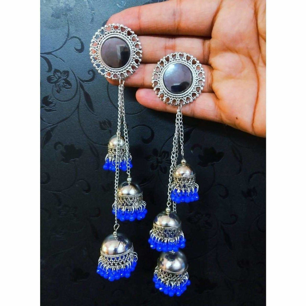 MS Fashion India Kashmiri Triple Blue Color Pearls Hanging Jhumka Earrings | Grocsy
