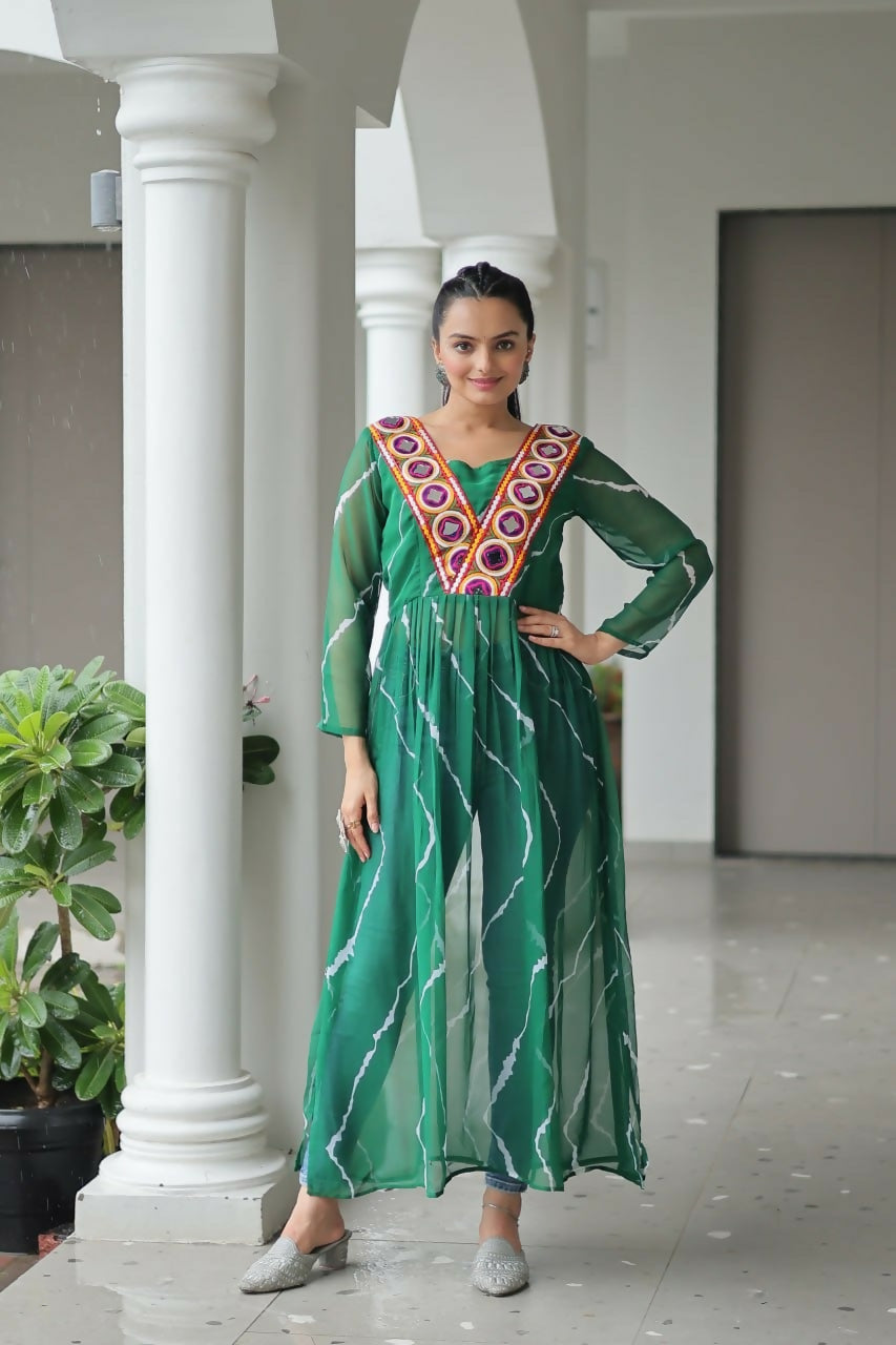 Vastranavya Green Navratri Special Kutchi Patch Work with Leheriya Printed Kurti | Grocsy
