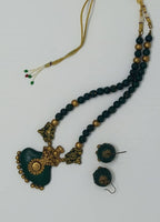 Terracotta Dark Green Crown Pendant Long Necklace Set Paired with Hanging Temple Jhumkas | Grocsy
