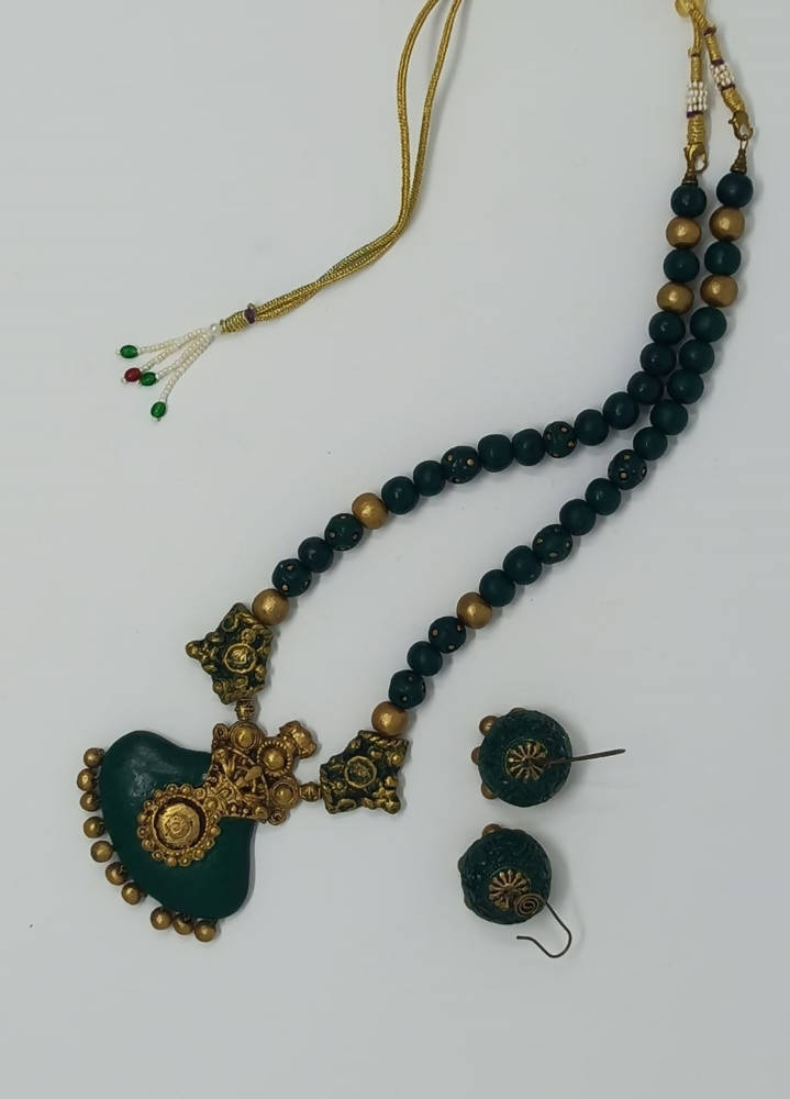 Terracotta Dark Green Crown Pendant Long Necklace Set Paired with Hanging Temple Jhumkas | Grocsy