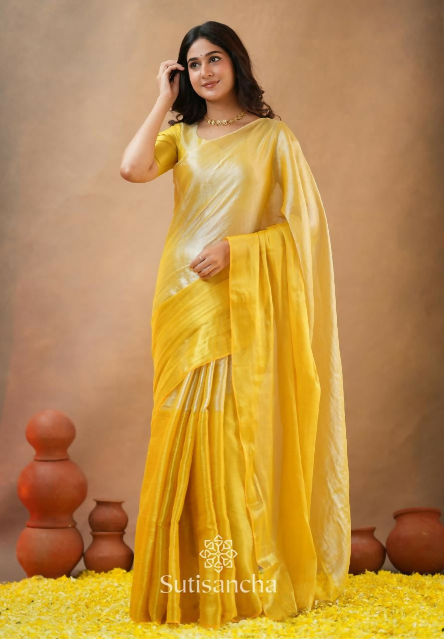 Exclusive Collection Beautiful Yellow Tissue Silk Hand Weaving Handloom Saree With Running Blouse Piece | Grocsy