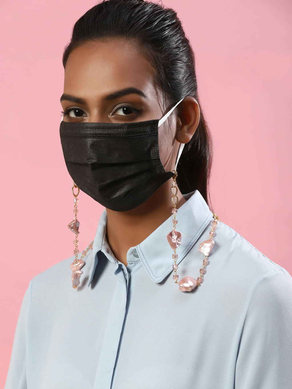 Pink Gold-Toned Embellished Mask Chain - Ruby Raang | Grocsy