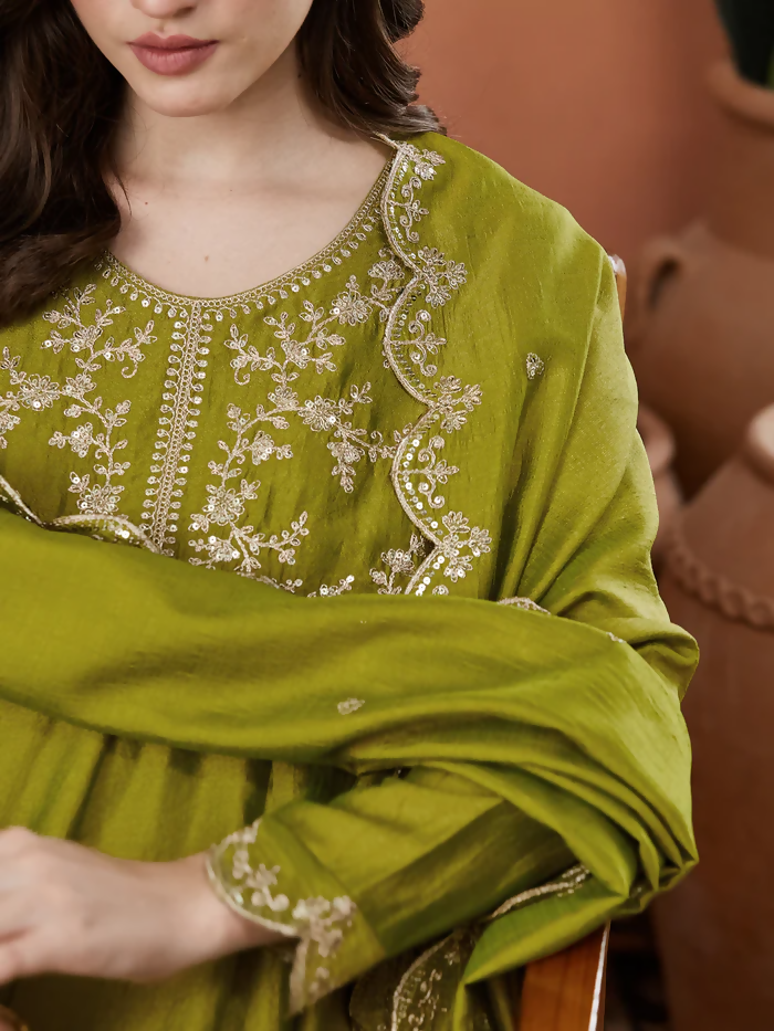 The52 Light Green Women's Beautiful Vichitra Silk Fabric Embroidered Work Flared Anarkali Pant and Dupatta Set | Grocsy