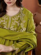 The52 Light Green Women's Beautiful Vichitra Silk Fabric Embroidered Work Flared Anarkali Pant and Dupatta Set | Grocsy