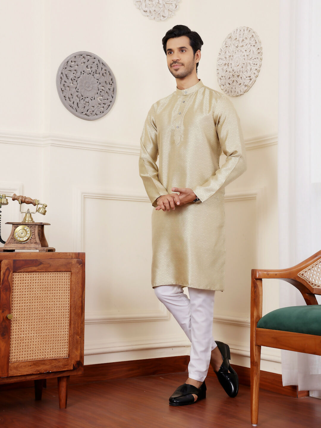 Beige Viscose Woven Jacquard Work Men's Rajwadi Kurta Set - Mahotsav | Grocsy