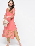 Cheera Hand Block Print Baby Pink Straight Kurta | Grocsy