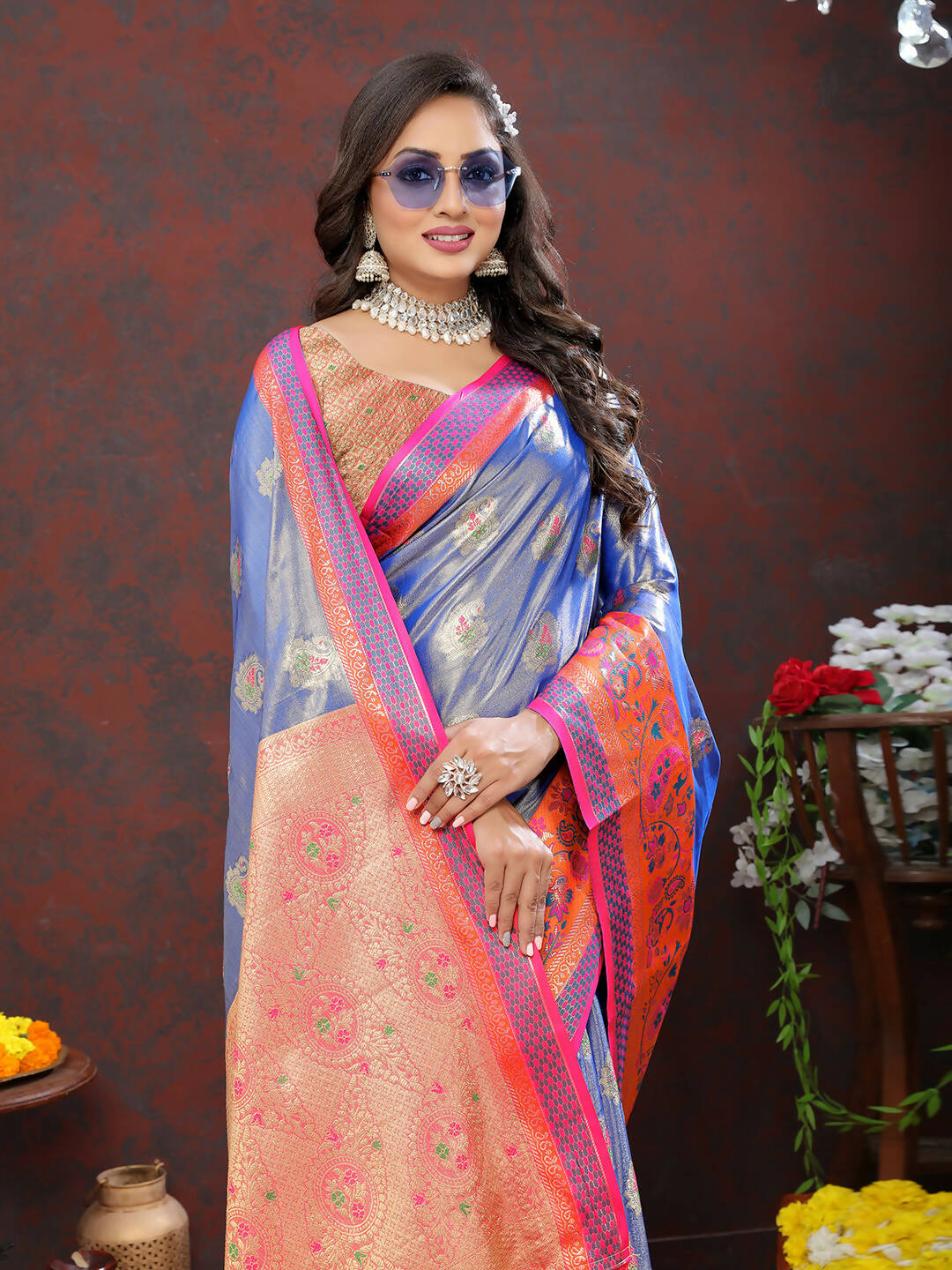 Lorenvalley Fashion Lavender Kanjivaram Silk Woven Design with Zari Weaving Saree | Grocsy