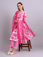 Joban Fashion Pink Cotton Floral Printed & Embroidery Work Kurta With Trousers & Dupatta Set | Grocsy