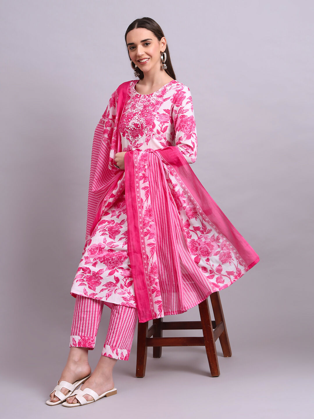 Joban Fashion Pink Cotton Floral Printed & Embroidery Work Kurta With Trousers & Dupatta Set | Grocsy