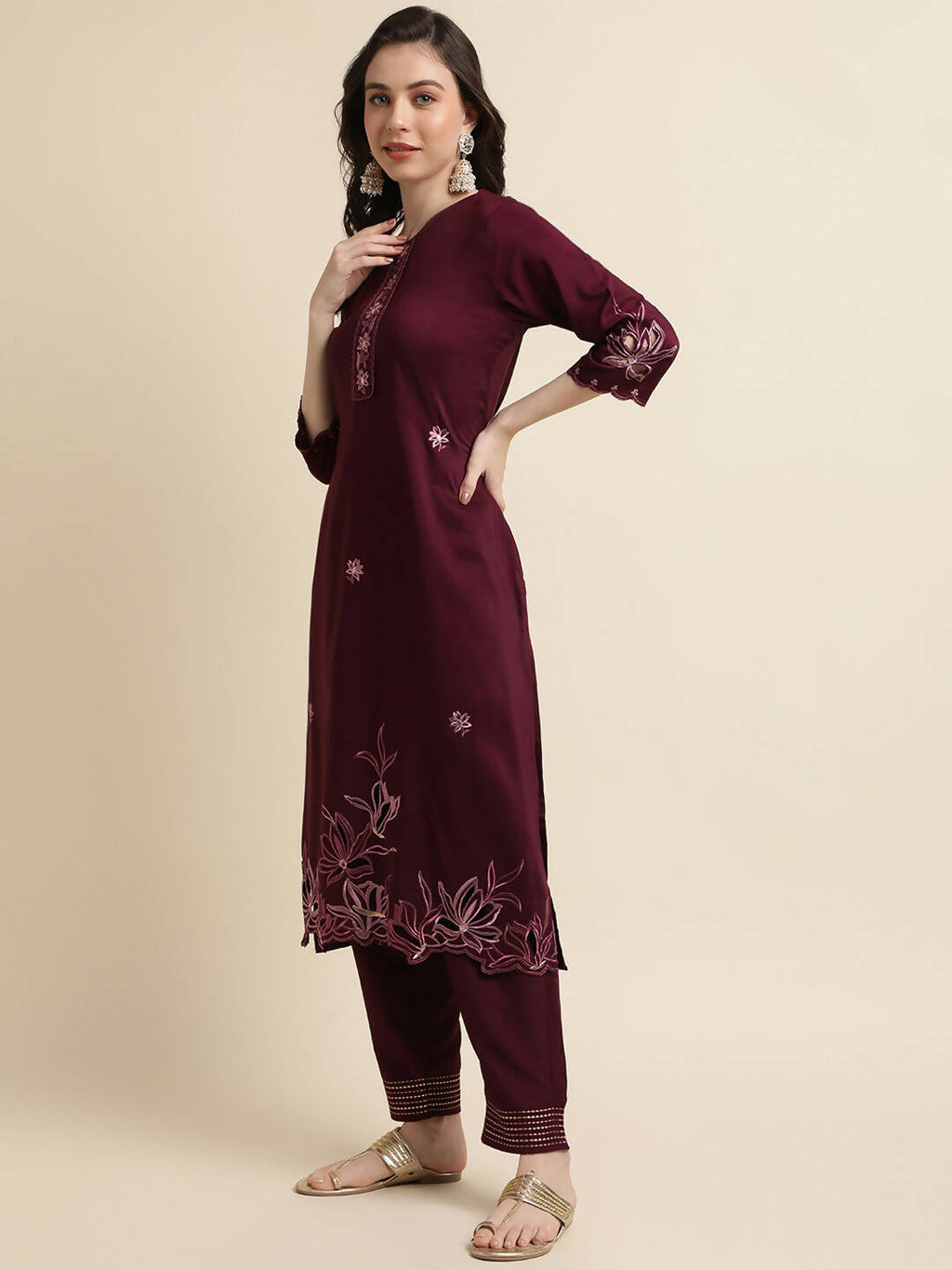 Purple Chinon Silk Embroidered Straight Kurta with Trouser & Dupatta - Salimar | Grocsy