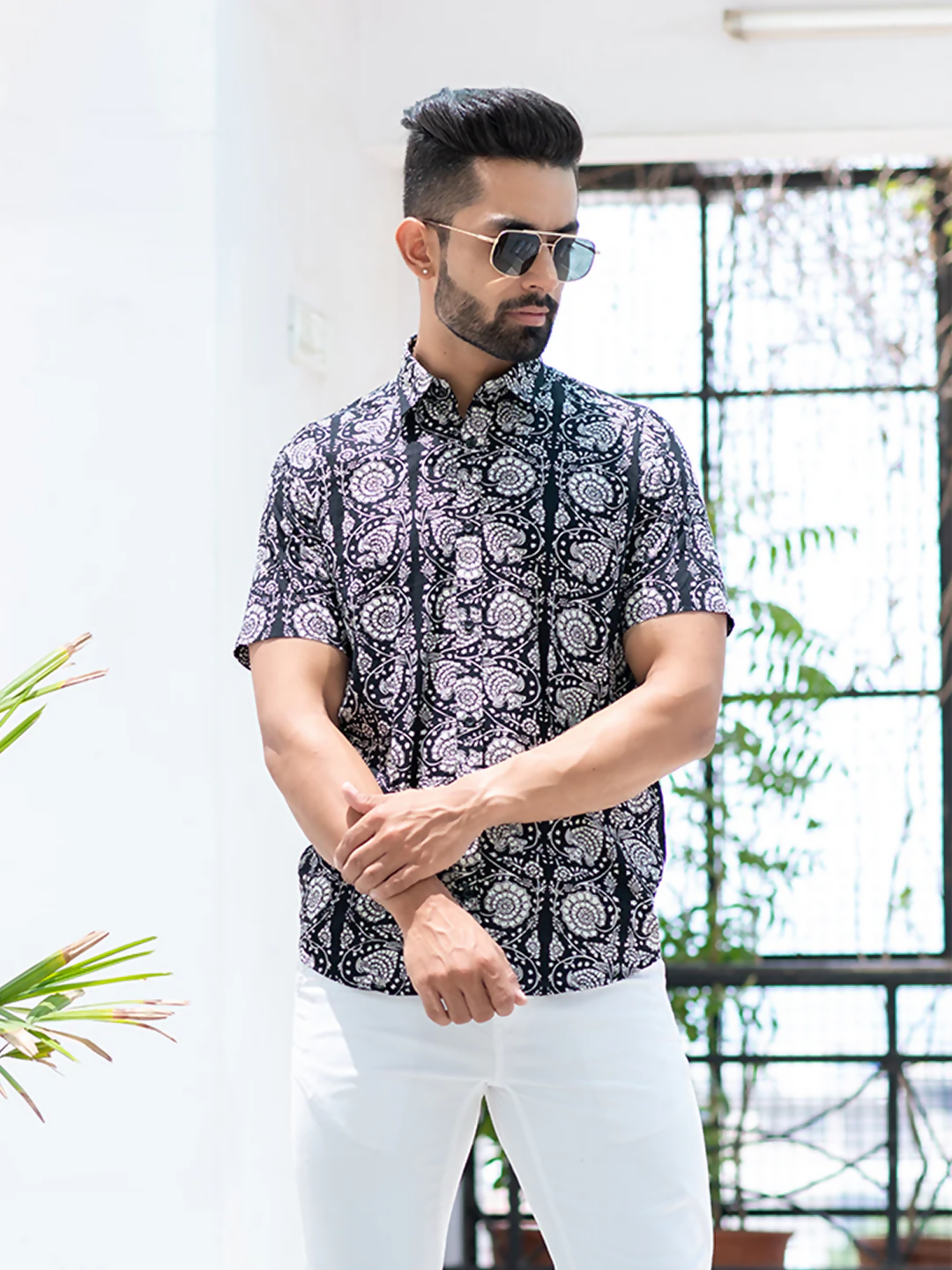 Miravan Men's Pure Cotton Black Floral Printed Half Sleeve Slim Fit Shirt | Grocsy