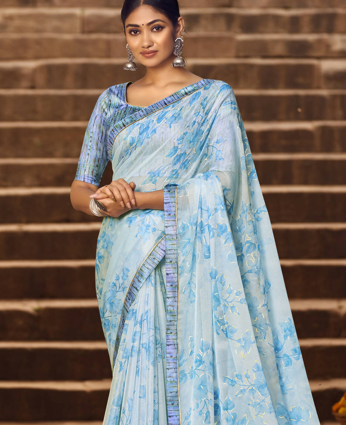Sky Blue Silver Chiffon Printed Saree With Unstitched Blouse Piece - Jyoti | Grocsy