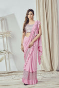 Mahotsav Women's Pink Lycra Embellished Ready To Wear Saree With Stitched Blouse | Grocsy