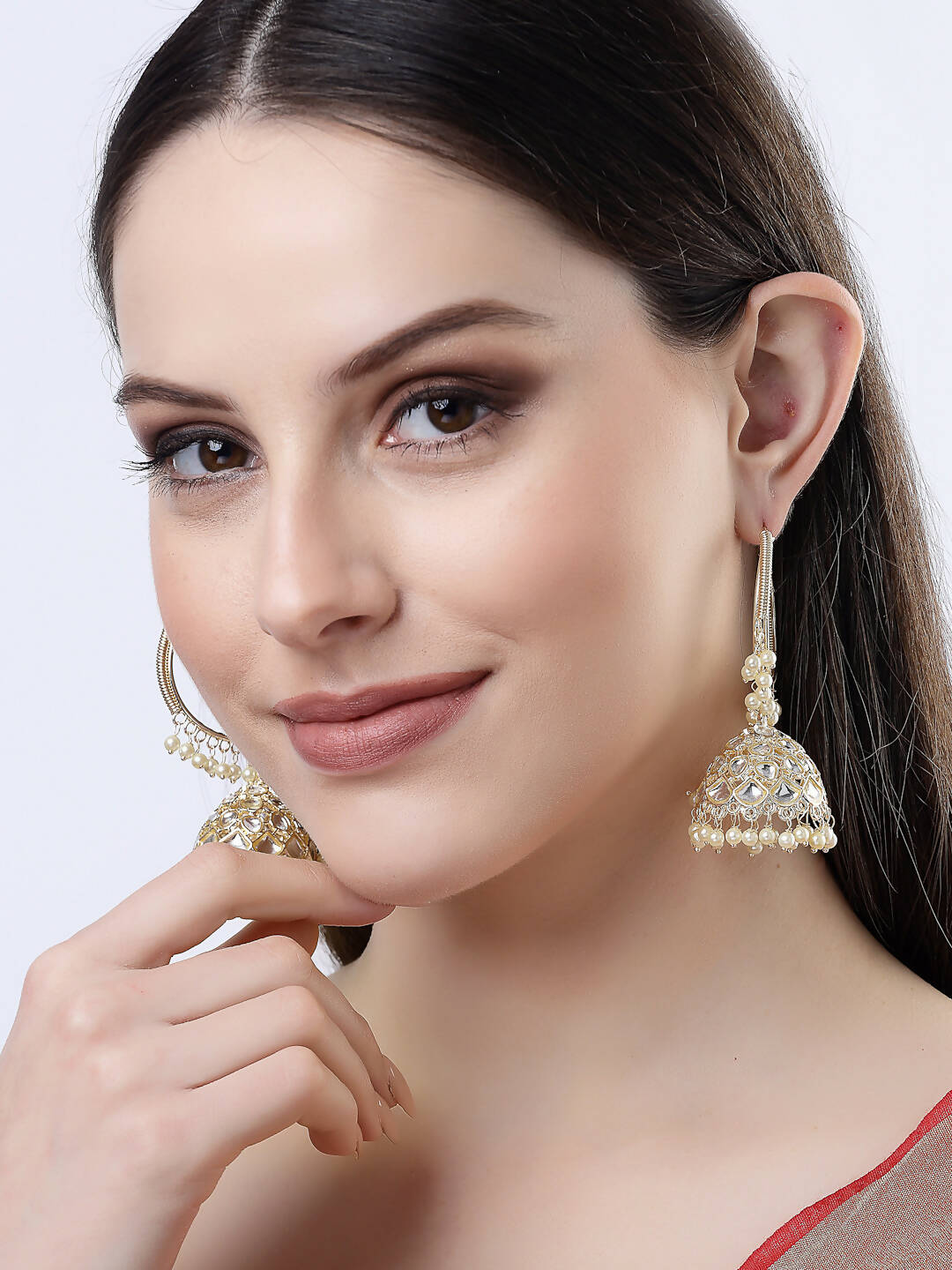 NVR Women Gold-Polished Handcrafted Kundan Jhumka Earrings | Grocsy