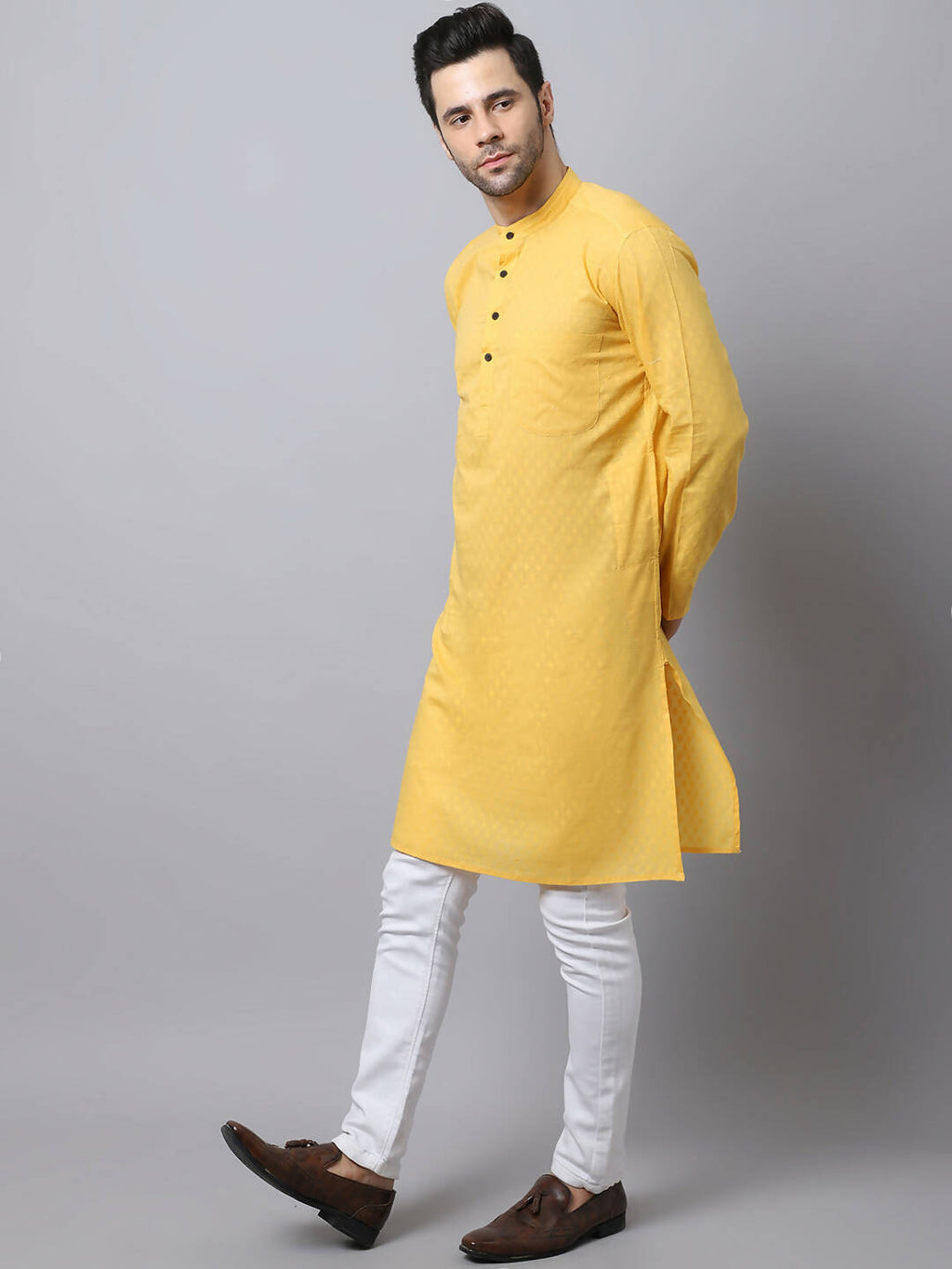 Even Apparels Yellow Pure Cotton Men's Kurta With Band Collar (SLD1183) | Grocsy