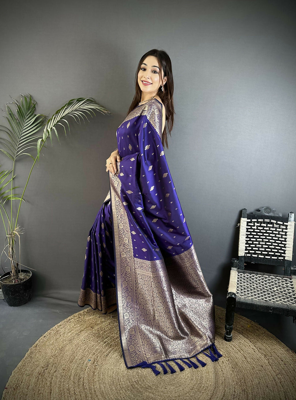Joban Fashion Royal Blue Zari Weaving Motif Lichi Silk Banarasi Silk Saree | Grocsy