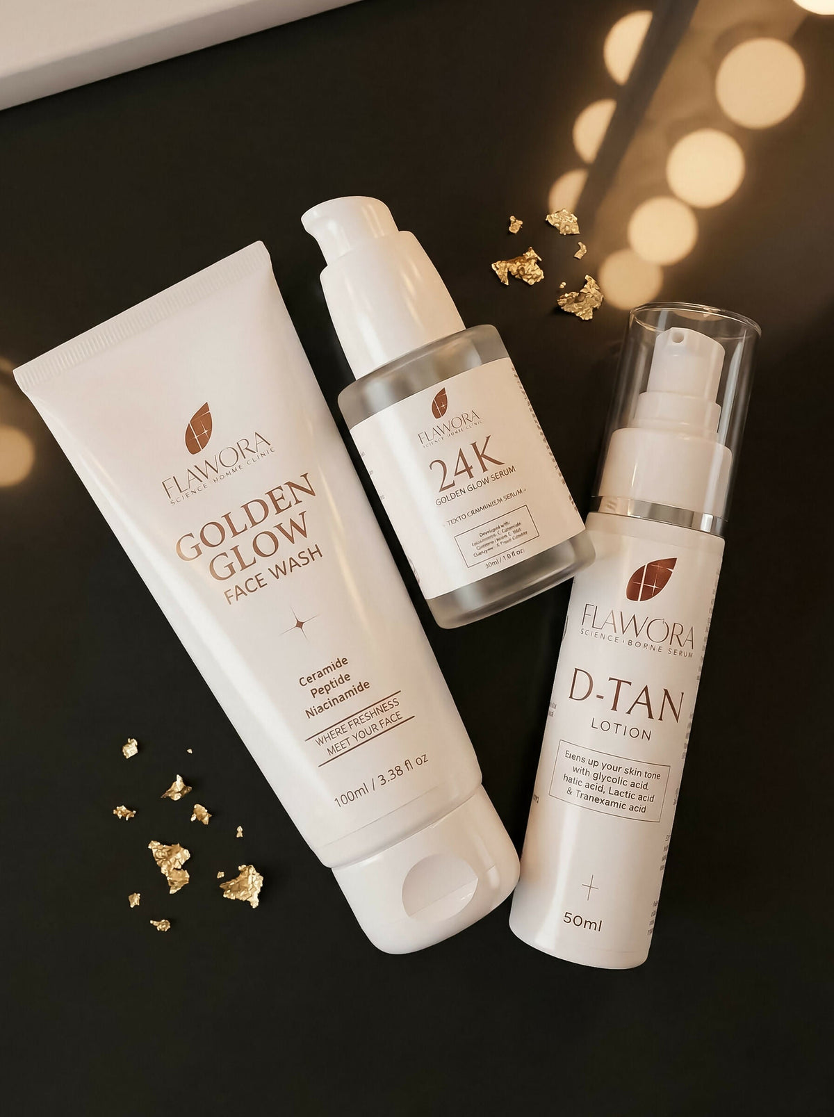 Flawora Set of Golden Glow Face Wash, D-Tan Lotion and 24k Golden Glow Face Serum | Grocsy