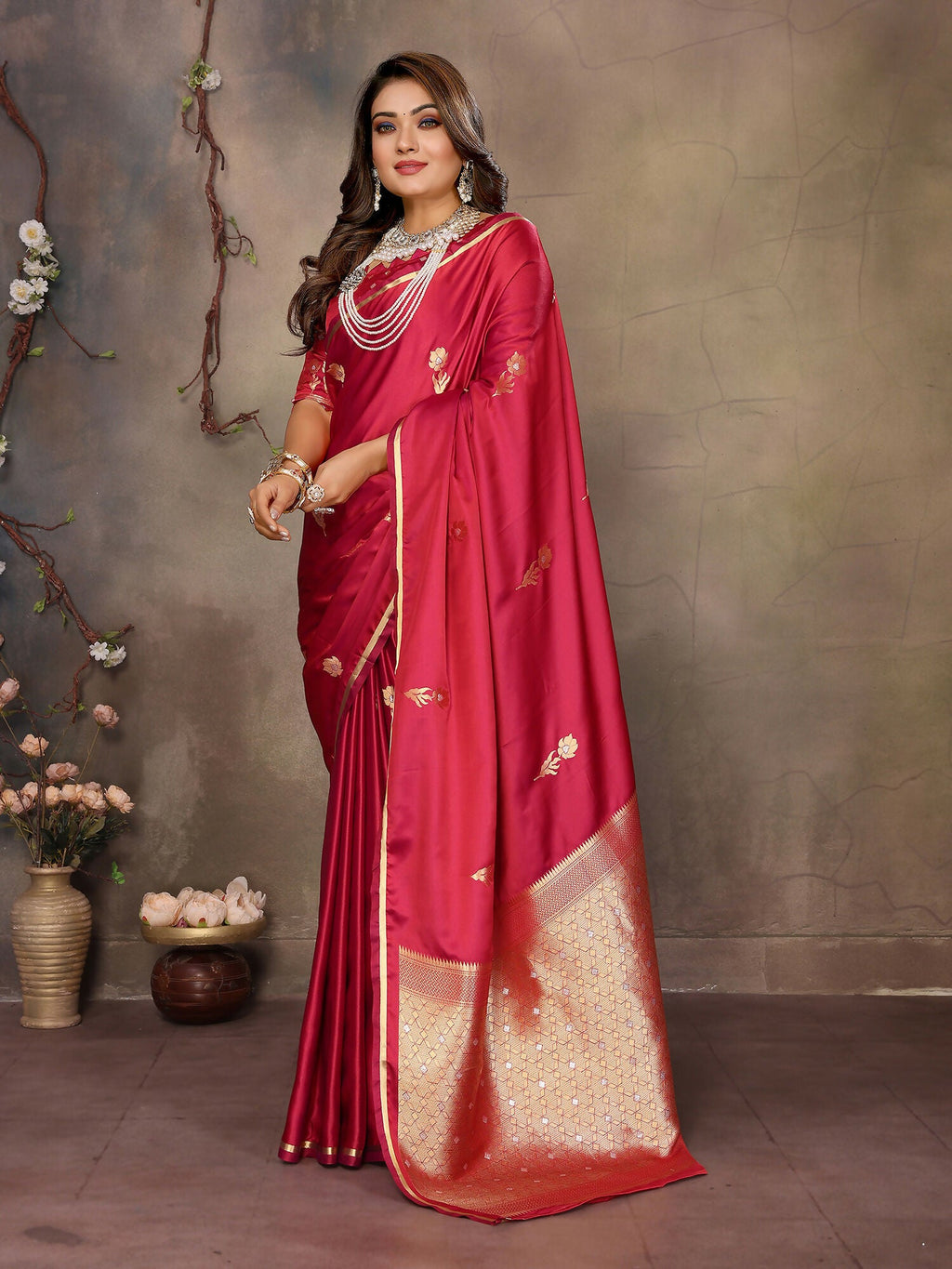 Joban Fashion Red Floral & Botanical Motifs Satin Silk Banarasi Silk Saree | Grocsy