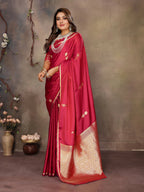 Joban Fashion Red Floral & Botanical Motifs Satin Silk Banarasi Silk Saree | Grocsy