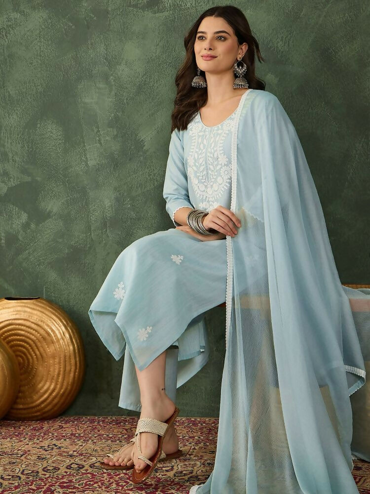 The52 Women's Beautiful Thread Work Cotton Blend Fabric Straight Kurta Pant and Dupatta Set | Grocsy